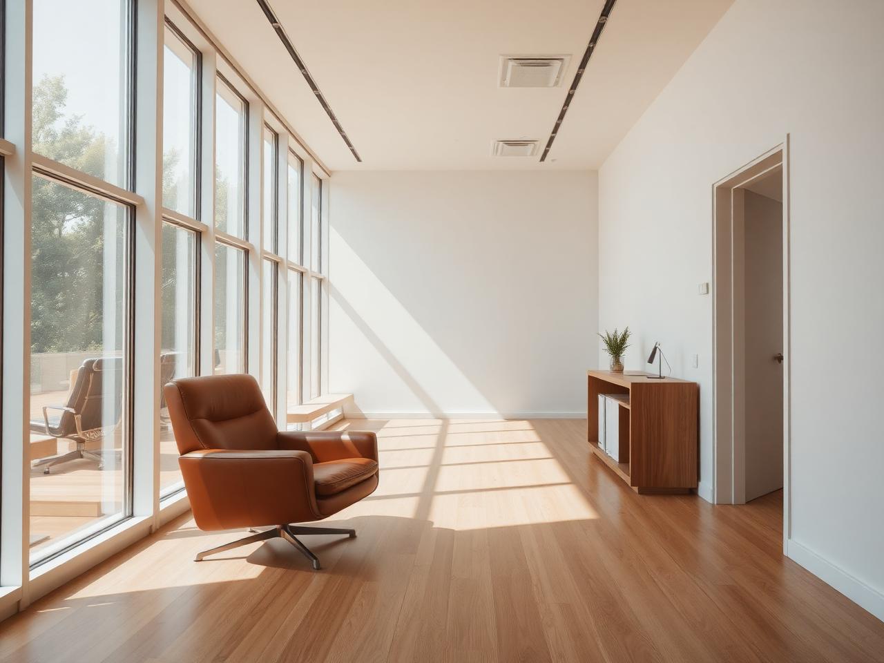 Quiet, sunlit advisor office interior